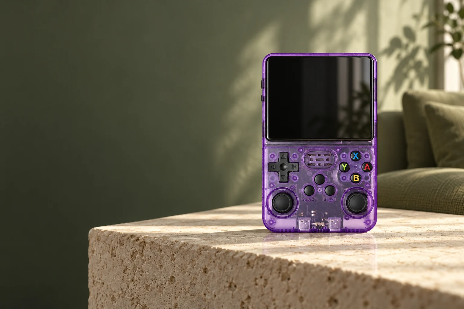 Purple Freeplay Pocket on a stone table in a sunlit room